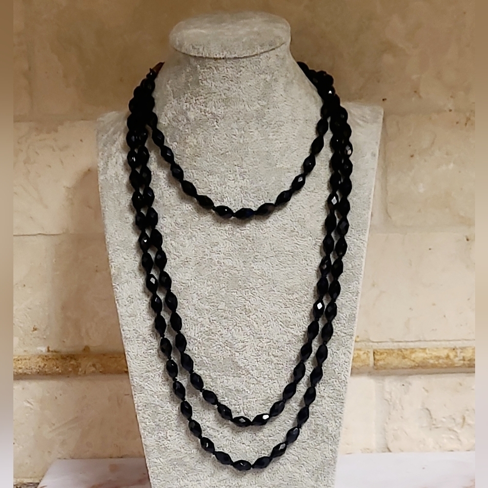 Vintage Art Deco 20's 30" Long Black Faceted Spinel Layering Necklace